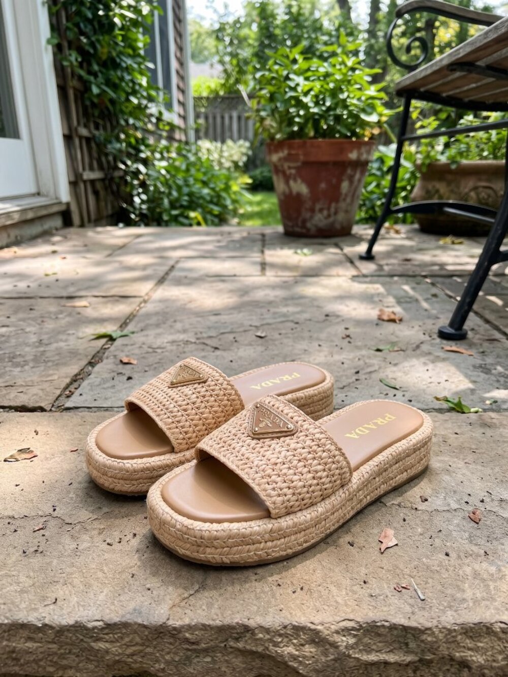 Prada Beige Woven Raffia Slide Sandals